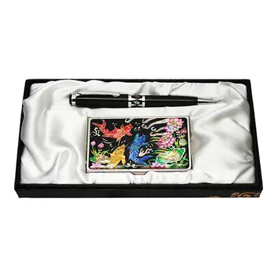 Mother-of-Pearl Ballpoint Pen and Business Card Case Set with Koi Pattern