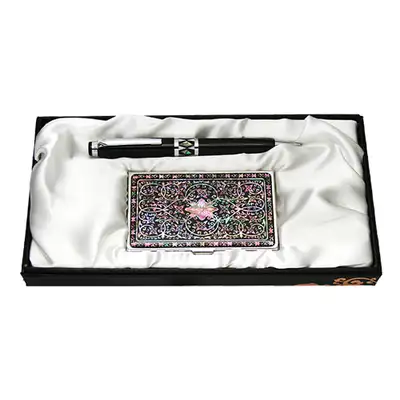 Mother-of-Pearl Ballpoint Pen and Business Card Set 2-Piece - Scrolling Vine Pattern