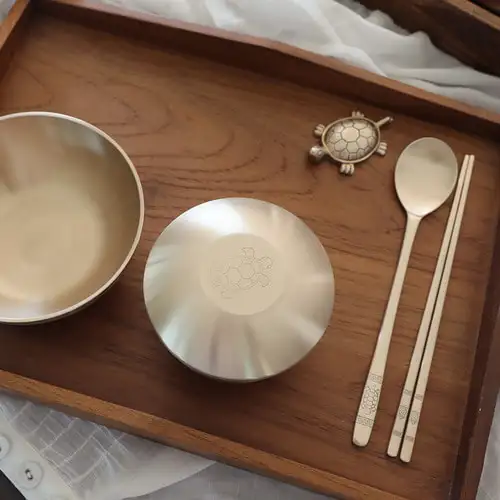 Myeongseong Yugi Bangjja Turtle Single-Serving Mandarin Duck Set (Bowl with Lid + Spoon Gift) Brass Dinnerware — 4