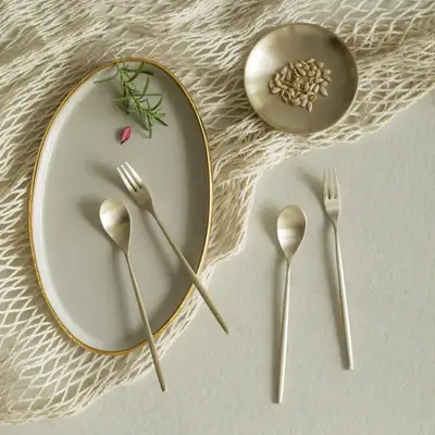 Bangja Yugi Brass Moon-Shaped Tea Spoon and Tea Fork Set 4P