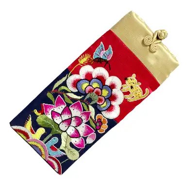 Lotus and Peony Embroidered Eyeglass Case