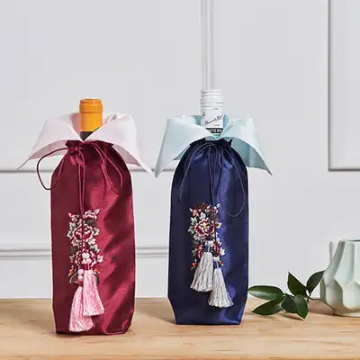 Wine Bottle Cover with Peony Embroidery