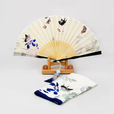 Butterfly and Flower Silk Fan and Handkerchief Set (Blue)