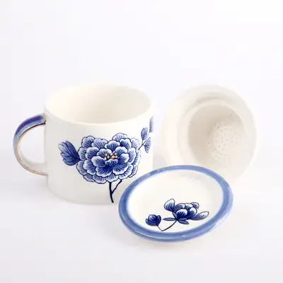 白瓷青花牡丹纹样一人茶具套装
