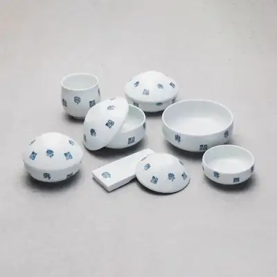 水复纹青花白瓷一人份饭桌套装