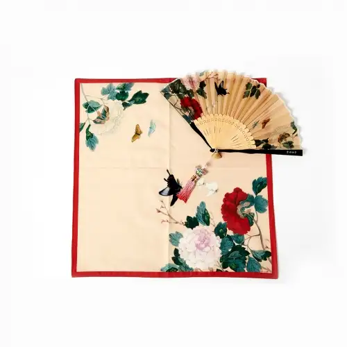 花与蝴蝶真丝折扇套装