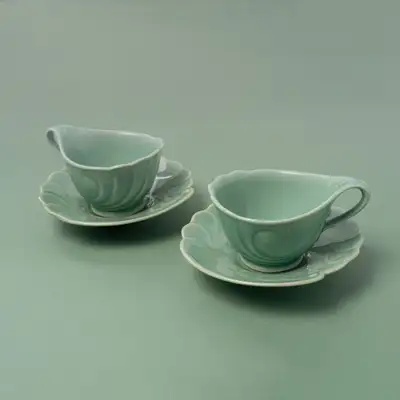 青磁牡丹花コーヒーカップセット(2個)