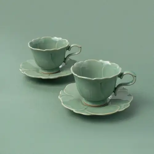 青磁椿花コーヒーカップセット(2個)