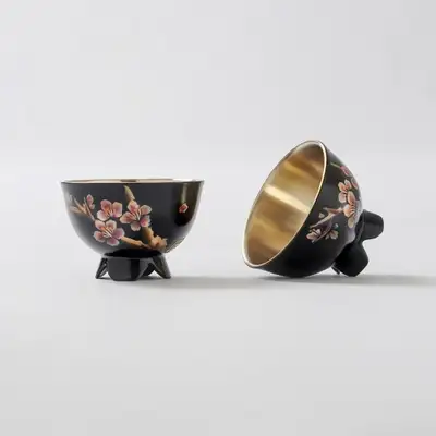 漆塗り黄銅杯セット(2個) - 雪中梅彩画