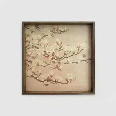 民画絵画 木製盆 (木蓮花卉図)