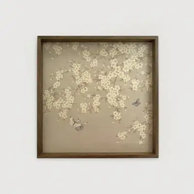 民画絵画 木製トレイ（梨の花図 ベージュ）