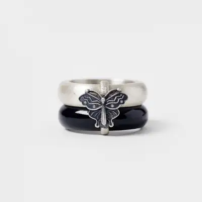 蝶 シルバー 黒玉 リング