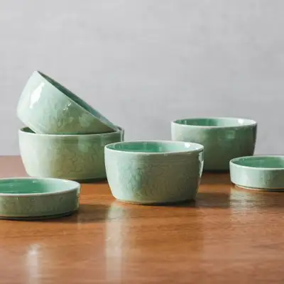 カンジン青磁 富貴牡丹花唐草 半床器セット(2人用)