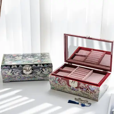 Pine and Crane Mother-of-Pearl Jewelry Box (2-Tier, Large, Black) - Artist Jang Tae-bok