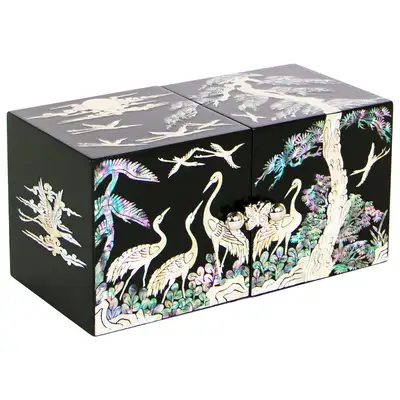 螺鈿漆器 双合 貝細工ジュエリーボックス 松鶴文様 中サイズ