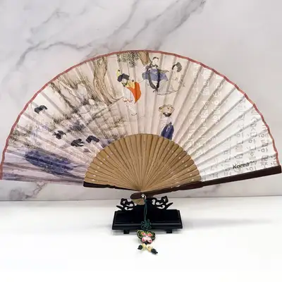 Korean Bamboo Silk Folding Traditional Fan - Shin Yun-bok Customs Paintings Souvenir Gift for Foreigners