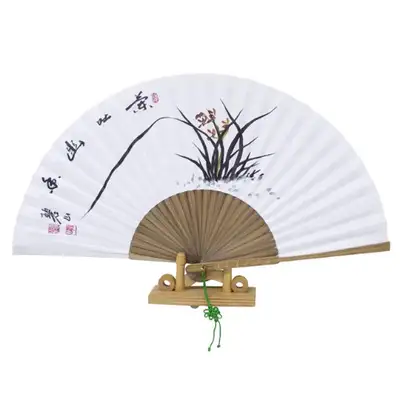 Hanji and Black Bamboo Traditional Fan - Orchid Large Size