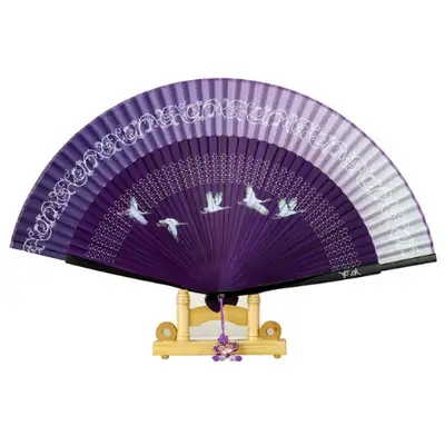 Premium Silk Crane Mother-of-Pearl Traditional Korean Fan (Purple) with Knot and Fan Case