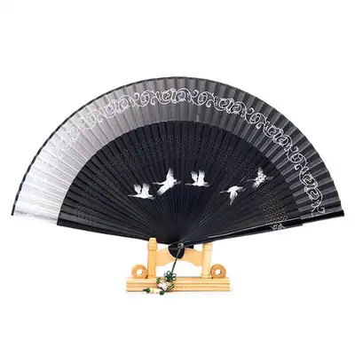Premium Silk Crane Mother-of-Pearl Traditional Folding Fan (Black Gradient) with Tassel and Fan Case