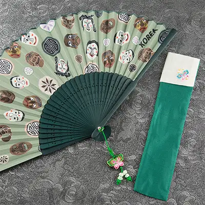 Premium Silk Hahoe Mask Traditional Fan Type B (Green) - Includes Knot and Fan Case