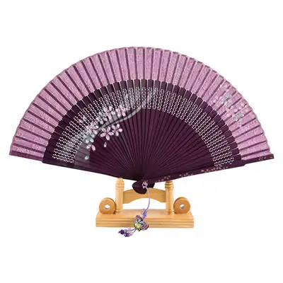高級シルク花プリント伝統扇(紫)房紐+扇袋付き