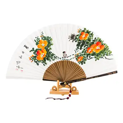 手書き黒竹扇 凌霄花 伝統扇(南汀 朴尚玉)