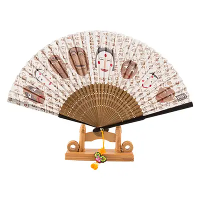 高級シルク河回タル伝統扇(ベージュ)房紐+扇入れ付き