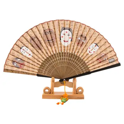 高級シルク河回面伝統折り扇(茶色) 房紐+扇子入れ付き