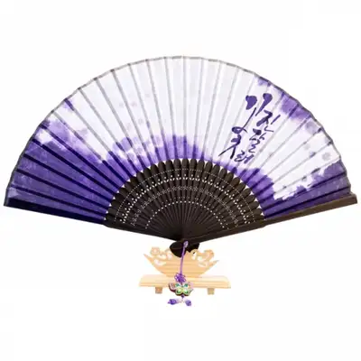 高級シルク扇-シャクナゲ花（紫）結び紐+扇袋付き