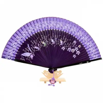 高級シルク螺鈿装飾扇-蝶（紫）房紐+扇ケース付き