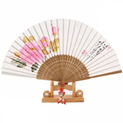 高級麻布扇 - 良い言葉の手描き(牡丹)房飾り+扇袋付き