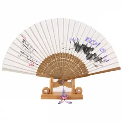 高級麻布団扇 - 良い言葉の手描き(朝顔) 紐結び+団扇入れ付き