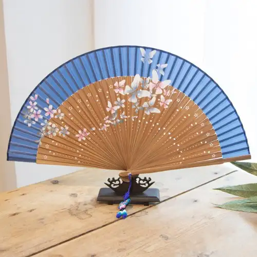 Premium Silk Flower Breeze Traditional Fan (Sky Blue) with Tassel and Fan Pouch — 1