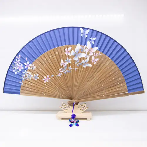 Premium Silk Flower Breeze Traditional Fan (Sky Blue) with Tassel and Fan Pouch — 2