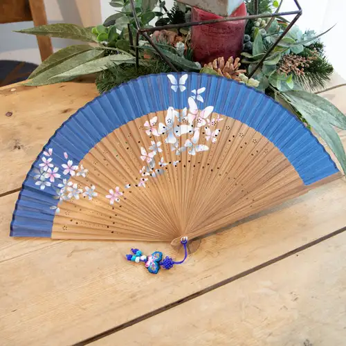 Premium Silk Flower Breeze Traditional Fan (Sky Blue) with Tassel and Fan Pouch — 3