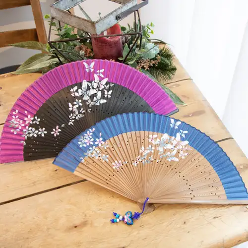 Premium Silk Flower Breeze Traditional Fan (Sky Blue) with Tassel and Fan Pouch — 4
