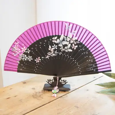 Premium Silk Flower Breeze Traditional Korean Fan (Deep Purple) with Knot Decoration and Fan Case