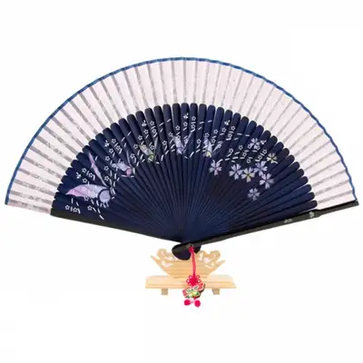 高級シルク螺鈿装飾扇-蝶(ピンク紫)房紐+扇袋付き