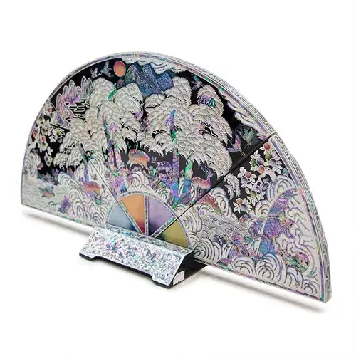 Premium Nacre Lacquerware Fan-Shaped Decorative Screen, Mother-of-Pearl Folding Screen (Large, Black) - Oh Myung-ho's Work — 1