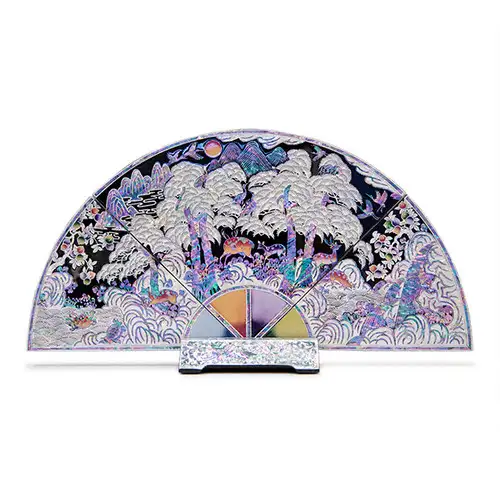 Premium Nacre Lacquerware Fan-Shaped Decorative Screen, Mother-of-Pearl Folding Screen (Large, Black) - Oh Myung-ho's Work — 3