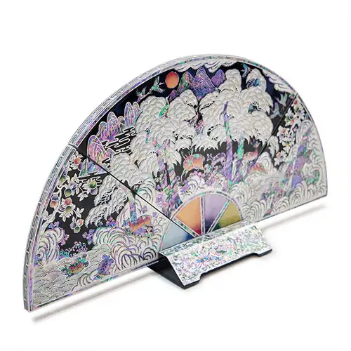 Premium Nacre Lacquerware Fan-Shaped Decorative Screen, Mother-of-Pearl Folding Screen (Large, Black) - Oh Myung-ho's Work — 6