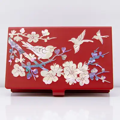 Premium Inlaid Mother-of-Pearl Cutting Business Card Case (Plum Blossom Red)