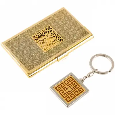 万字紋 メタル名刺ケース+キーリング 2種 Aセット(ゴールド)