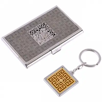 万字紋 メタル名刺ケース+キーリング 2種 Aセット(シルバー)