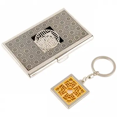 完子紋メタル名刺ケース+キーリング 2種 Bセット(黒シルバー)