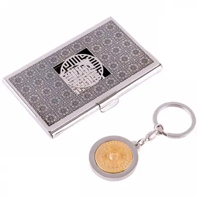 万字紋メタル名刺ケース+蓮華紋キーリング 2種Cセット(黒シルバー)