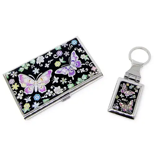 Premium Mother-of-Pearl Business Card Case and Keyring 2-Piece Set (026-Flower Butterfly2) — 1