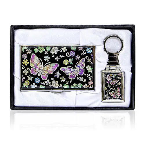 Premium Mother-of-Pearl Business Card Case and Keyring 2-Piece Set (026-Flower Butterfly2) — 2