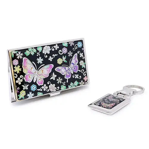 Premium Mother-of-Pearl Business Card Case and Keyring 2-Piece Set (026-Flower Butterfly2) — 3
