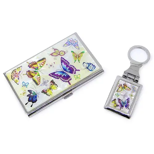 Premium Mother-of-Pearl Business Card Case and Keyring 2-Piece Set (029-Butterfly White) — 1